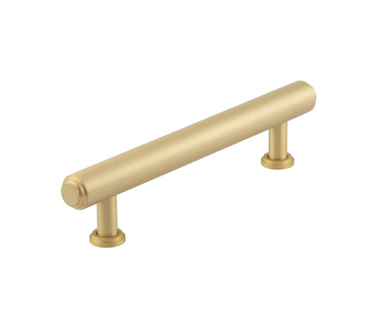 This is an image showing the Burlington - Belgrave Cabinet Handle 128mm CTC - Satin Brass available to order from T.H. Wiggans Ironmongery in Kendal