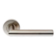 This image shows Eurospec - MITRED OVAL LEVER ON SPRUNG PUSH-ON ROUND ROSE - SSS - csl1195sss-201 available from T.H. Wiggans Ironmongery in Kendal.