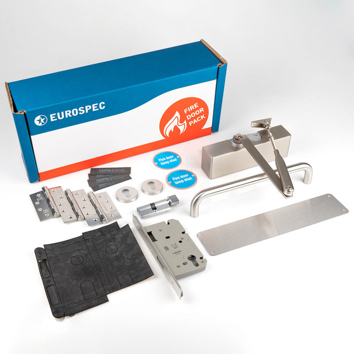 This image shows Eurospec - Commercial Fire Door Pack - Push/Pull Lockable - Silver - fdpc1 available from T.H. Wiggans Ironmongery in Kendal.