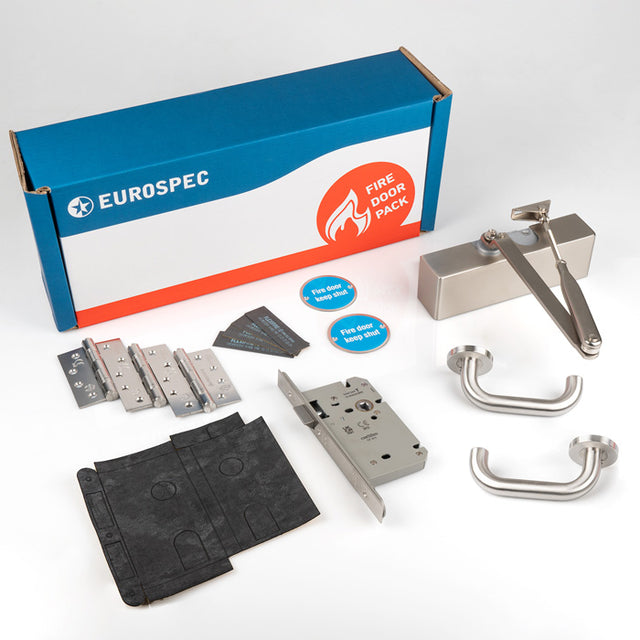 This image shows Eurospec - Commercial Fire Door Pack - Lever Latch - Silver - fdpc4 available from T.H. Wiggans Ironmongery in Kendal.