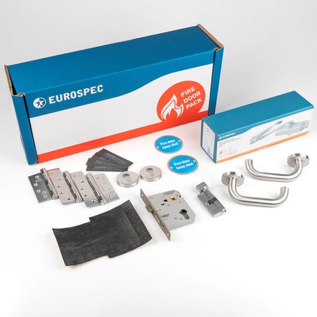 This image shows Eurospec - Residential Fire Door Pack - Lever Lock - Silver - fdpr3 available from T.H. Wiggans Ironmongery in Kendal.
