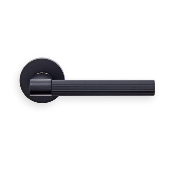 This image shows Manital - HEY RIGA LEVER HANDLE ON THREADED ROUND ROSE NER (MATT BLACK) - hr5mb available from T.H. Wiggans Ironmongery in Kendal.