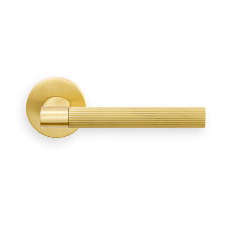 This image shows Manital - HEY RIGA LEVER HANDLE ON THREADED ROUND ROSE OSA (SATIN BRASS) - hr5sb available from T.H. Wiggans Ironmongery in Kendal.