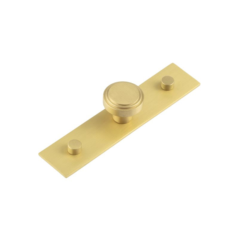 This is an image showing the Frelan - Cropley Cupboard Knobs 30mm Plain Backplate Satin Brass available to order from T.H. Wiggans Ironmongery in Kendal