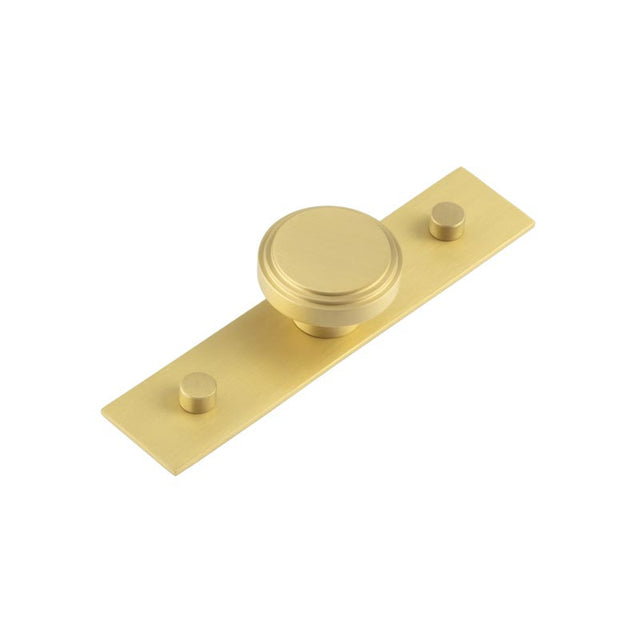 This is an image showing the Frelan - Cropley Cupboard Knobs 40mm Plain Backplate Satin Brass available to order from T.H. Wiggans Ironmongery in Kendal