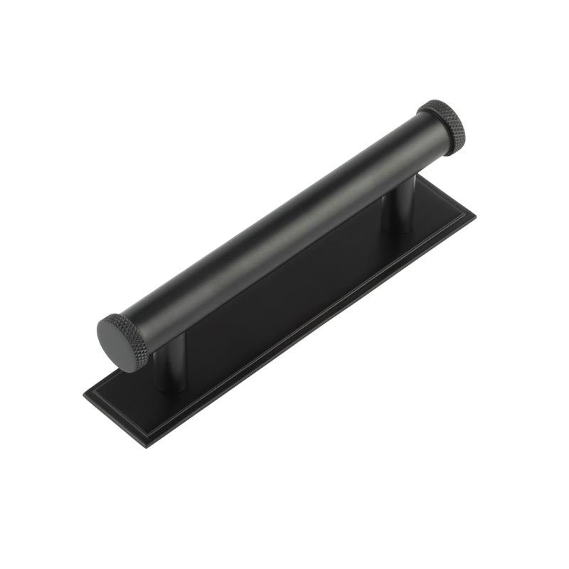 This is an image showing the Frelan - Hoxton Wenlock Cabinet Handles 96mm Ctrs Stepped Backplate Matt Black available to order from T.H. Wiggans Ironmongery in Kendal