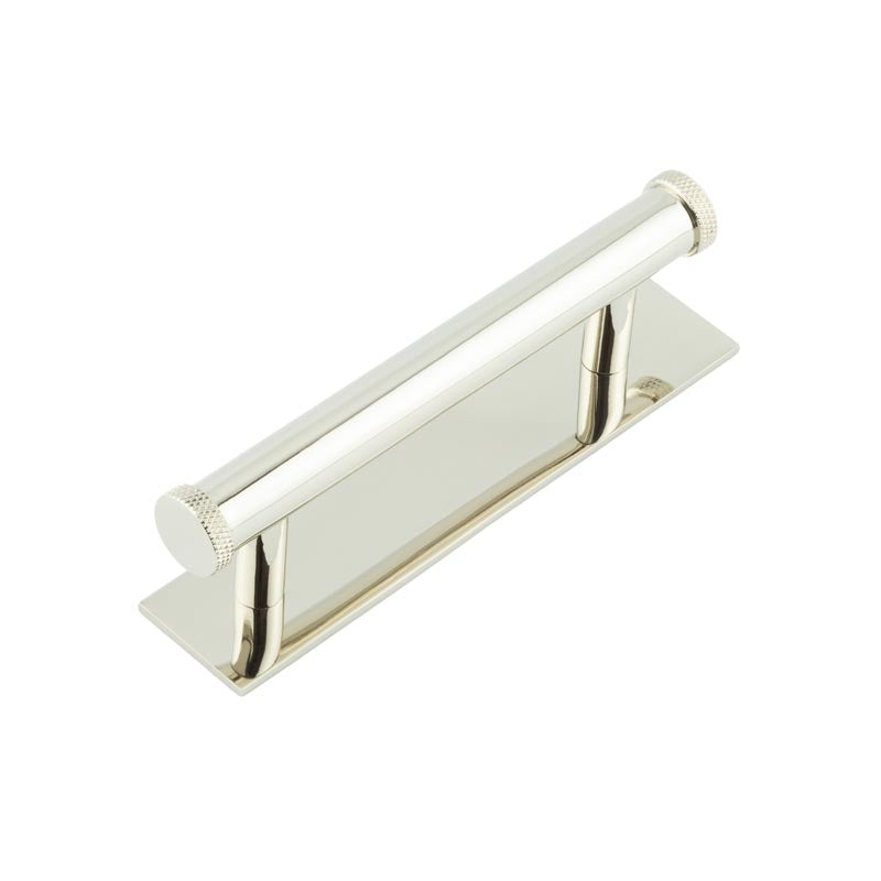 This is an image showing the Frelan - Hoxton Wenlock Cabinet Handles 96mm Ctrs Plain Backplate Polished Nickel available to order from T.H. Wiggans Ironmongery in Kendal