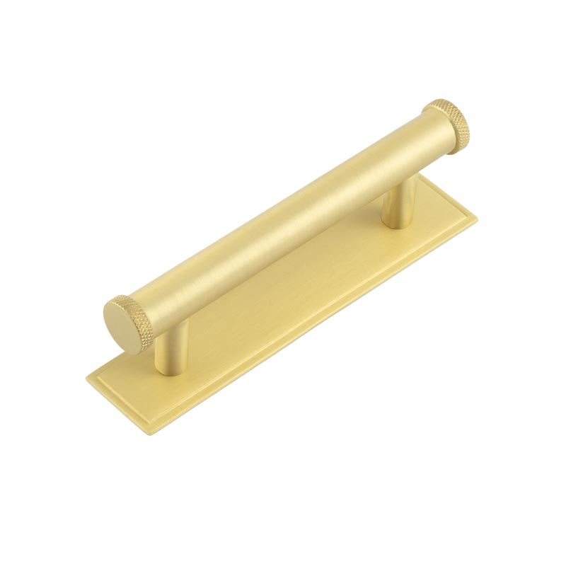 This is an image showing the Frelan - Hoxton Wenlock Cabinet Handles 96mm Ctrs Stepped Backplate Satin Brass available to order from T.H. Wiggans Ironmongery in Kendal