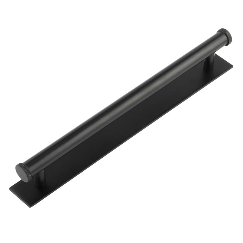 This is an image showing the Frelan - Hoxton Wenlock Cabinet Handles 224mm Ctrs Plain Backplate Matt Black available to order from T.H. Wiggans Ironmongery in Kendal