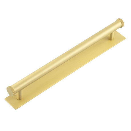 This is an image showing the Frelan - Hoxton Wenlock Cabinet Handles 224mm Ctrs Plain Backplate Satin Brass available to order from T.H. Wiggans Ironmongery in Kendal