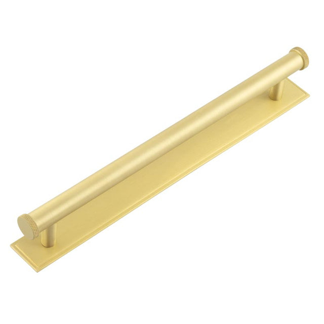 This is an image showing the Frelan - Hoxton Wenlock Cabinet Handles 224mm Ctrs Stepped Backplate Satin Brass available to order from T.H. Wiggans Ironmongery in Kendal