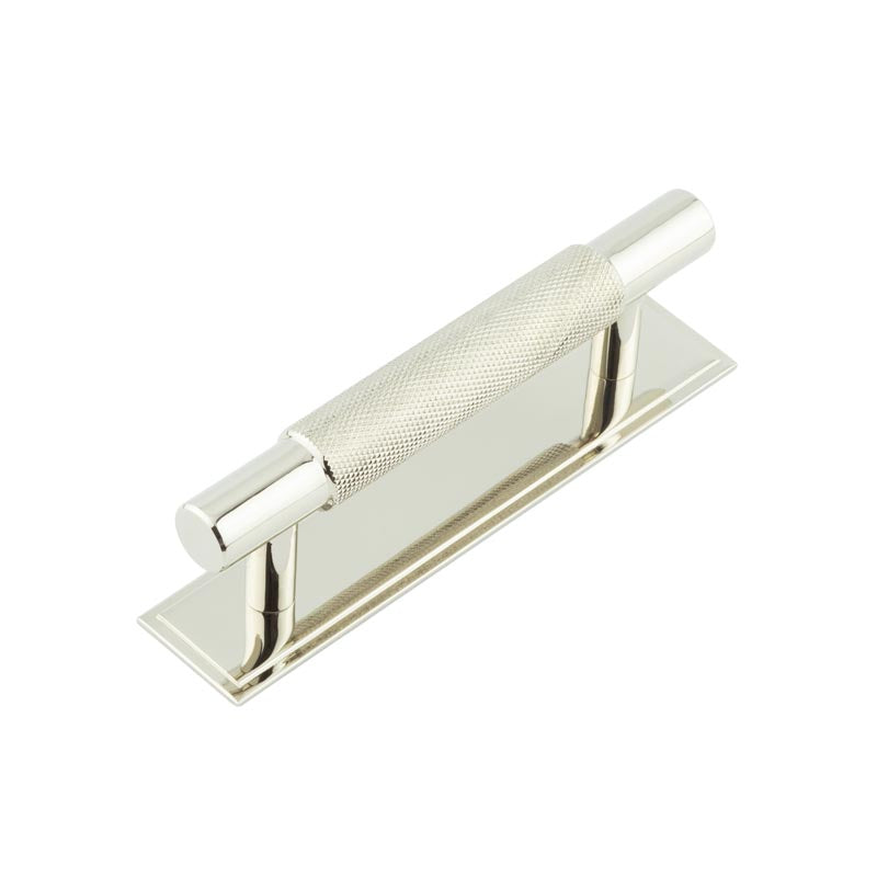 This is an image showing the Frelan - Hoxton Taplow Cabinet Handles 96mm Ctrs Stepped Backplate Polished Nickel available to order from T.H. Wiggans Ironmongery in Kendal