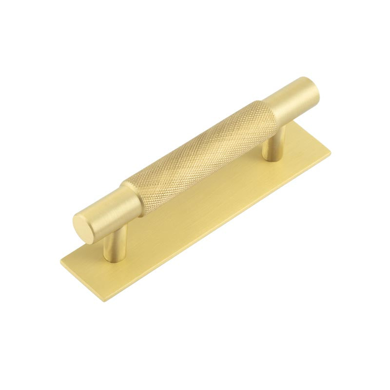 This is an image showing the Frelan - Hoxton Taplow Cabinet Handles 96mm Ctrs Plain Backplate Satin Brass available to order from T.H. Wiggans Ironmongery in Kendal