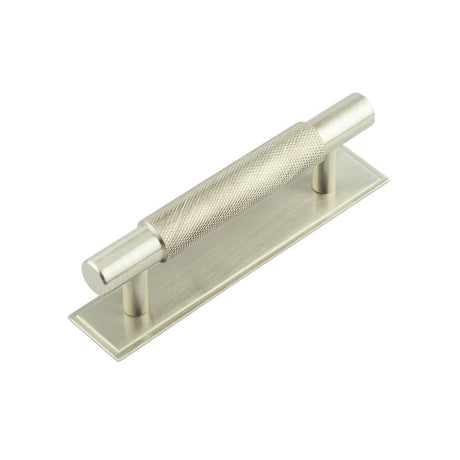 This is an image showing the Frelan - Hoxton Taplow Cabinet Handles 96mm Ctrs Stepped Backplate Satin Nickel available to order from T.H. Wiggans Ironmongery in Kendal