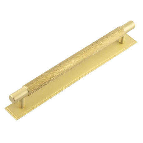 This is an image showing the Frelan - Hoxton Taplow Cabinet Handles 224mm Ctrs Stepped Backplate Satin Brass available to order from T.H. Wiggans Ironmongery in Kendal