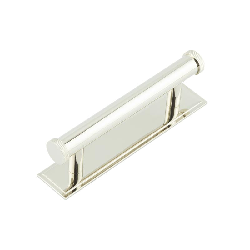 This is an image showing the Frelan - Hoxton Thaxted Cabinet Handles 96mm Ctrs Stepped Backplate Polished Nickel available to order from T.H. Wiggans Ironmongery in Kendal