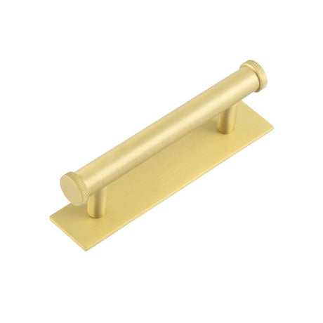 This is an image showing the Frelan - Hoxton Thaxted Cabinet Handles 96mm Ctrs Plain Backplate Satin Brass available to order from T.H. Wiggans Ironmongery in Kendal