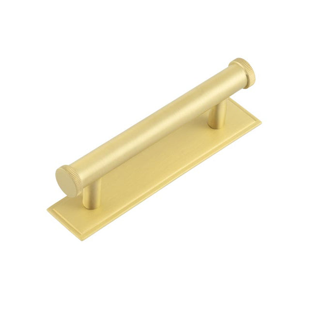 This is an image showing the Frelan - Hoxton Thaxted Cabinet Handles 96mm Ctrs Stepped Backplate Satin Brass available to order from T.H. Wiggans Ironmongery in Kendal