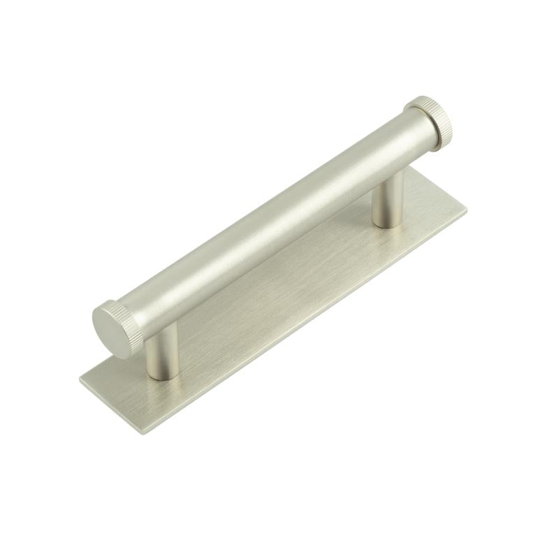 This is an image showing the Frelan - Hoxton Thaxted Cabinet Handles 96mm Ctrs Plain Backplate Satin Nickel available to order from T.H. Wiggans Ironmongery in Kendal