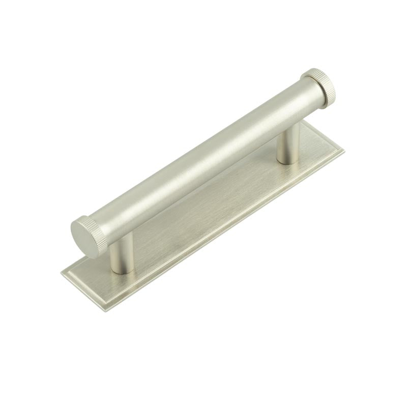 This is an image showing the Frelan - Hoxton Thaxted Cabinet Handles 96mm Ctrs Stepped Backplate Satin Nickel available to order from T.H. Wiggans Ironmongery in Kendal