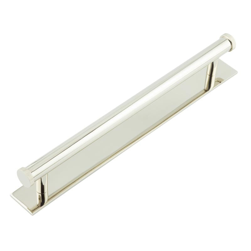 This is an image showing the Frelan - Hoxton Thaxted Cabinet Handles 224mm Ctrs Plain Backplate Polished Nickel available to order from T.H. Wiggans Ironmongery in Kendal