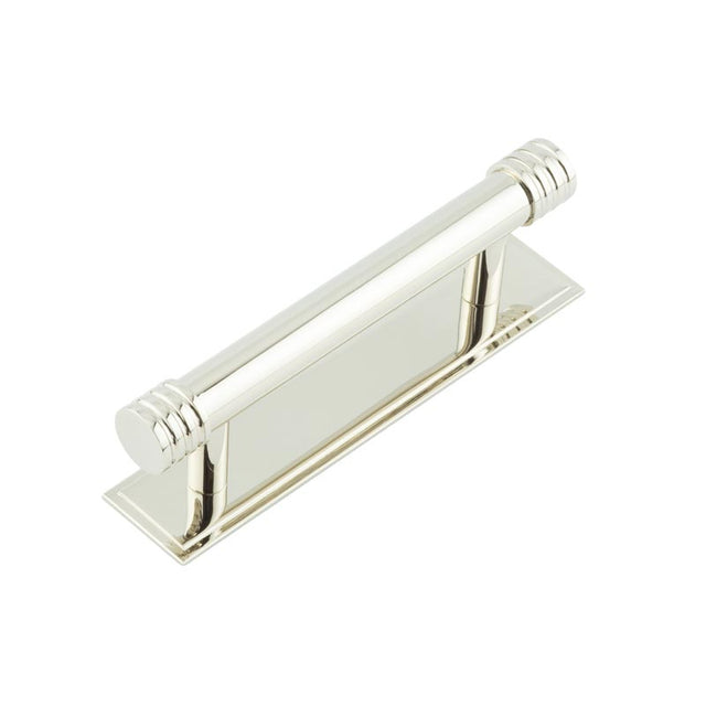 This is an image showing the Frelan - Hoxton Sturt Cabinet Handles 96mm Ctrs Stepped Backplate Polished Nickel available to order from T.H. Wiggans Ironmongery in Kendal