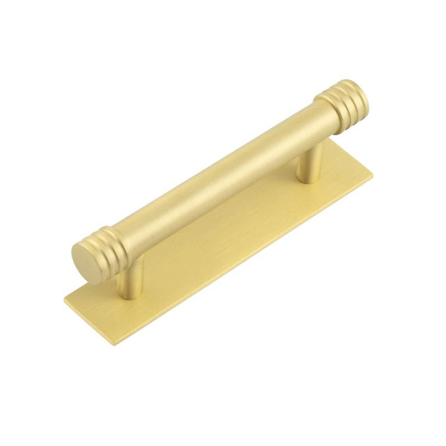 This is an image showing the Frelan - Hoxton Sturt Cabinet Handles 96mm Ctrs Plain Backplate Satin Brass available to order from T.H. Wiggans Ironmongery in Kendal