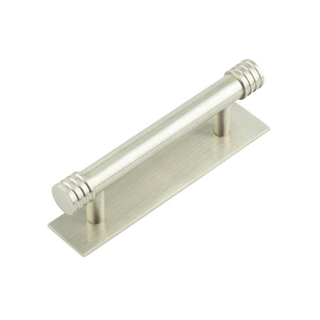 This is an image showing the Frelan - Hoxton Sturt Cabinet Handles 96mm Ctrs Plain Backplate Satin Nickel available to order from T.H. Wiggans Ironmongery in Kendal