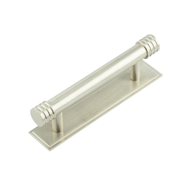 This is an image showing the Frelan - Hoxton Sturt Cabinet Handles 96mm Ctrs Stepped Backplate Satin Nickel available to order from T.H. Wiggans Ironmongery in Kendal