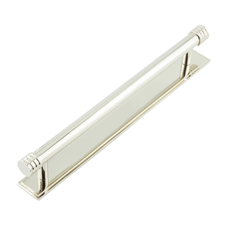 This is an image showing the Frelan - Hoxton Sturt Cabinet Handles 224mm Ctrs Stepped Backplate Polished Nickel available to order from T.H. Wiggans Ironmongery in Kendal