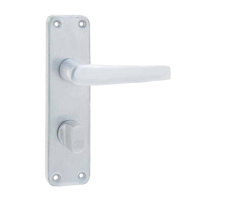 This is an image showing the Frelan - Contract Door Handle on Bathroom Plate Satin Anodised Aluminium available to order from T.H. Wiggans Ironmongery in Kendal