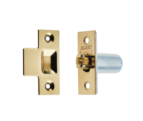 This is an image showing the Frelan - PB Adjustable rollerbolt catch (brass roller) available to order from T.H. Wiggans Ironmongery in Kendal