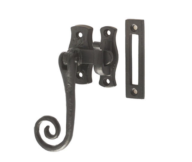 This is an image showing the Frelan - Monkey Tail Locking Casement Fastener Left - Antique Black available to order from T.H. Wiggans Ironmongery in Kendal