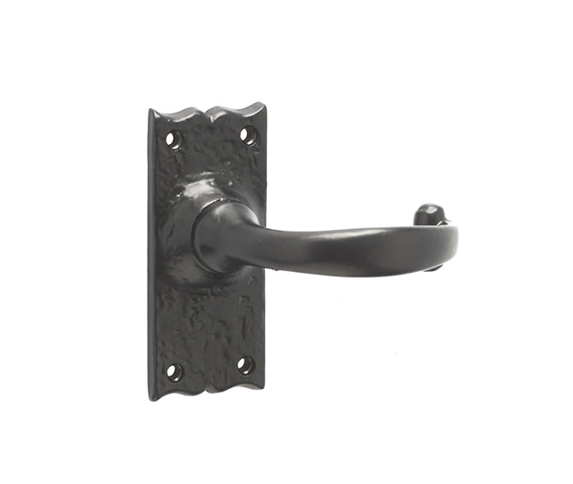 This is an image showing the Frelan - Regal Lever Short Plate Latch Handles on Backplate - Antique Black available to order from T.H. Wiggans Ironmongery in Kendal