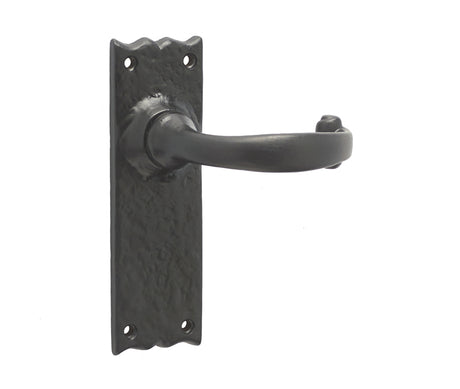 This is an image showing the Frelan - Regal Lever Long Plate Latch Handles on Backplate - Antique Black available to order from T.H. Wiggans Ironmongery in Kendal