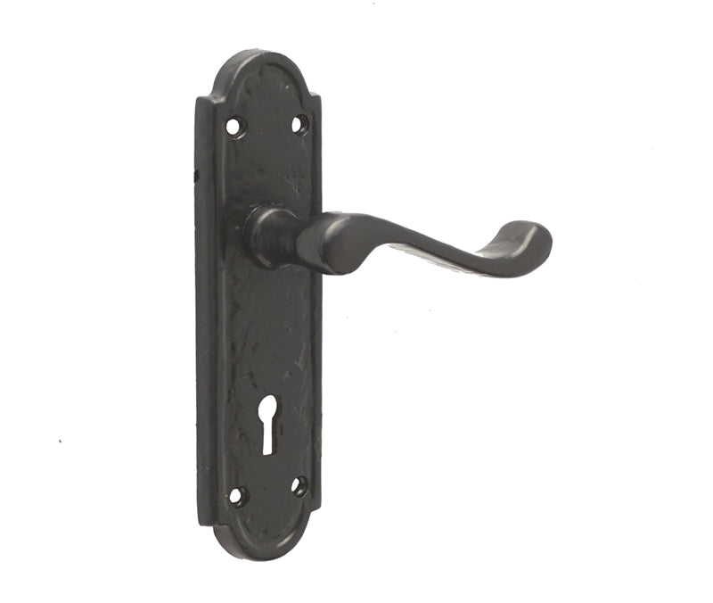 This is an image showing the Frelan - Turnberry Standard Lever Lock Handles on Backplate - Antique Black available to order from T.H. Wiggans Ironmongery in Kendal