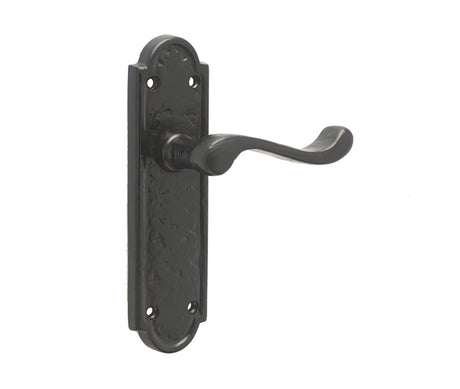 This is an image showing the Frelan - Turnberry Lever Latch Handles on Backplate - Antique Black available to order from T.H. Wiggans Ironmongery in Kendal