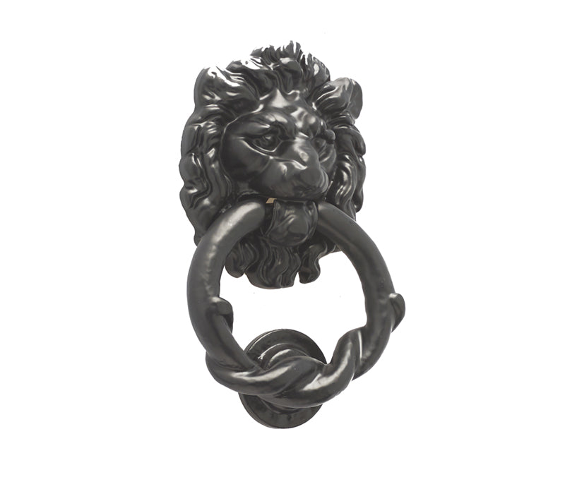 This is an image showing the Frelan - Lion Head Door Knocker - Antique Black available to order from T.H. Wiggans Ironmongery in Kendal