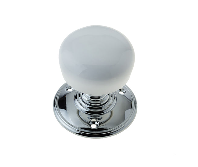 This is an image showing the Frelan - White Porcelain Unsprung Mortice Knobs - Polished Chrome available to order from T.H. Wiggans Ironmongery in Kendal