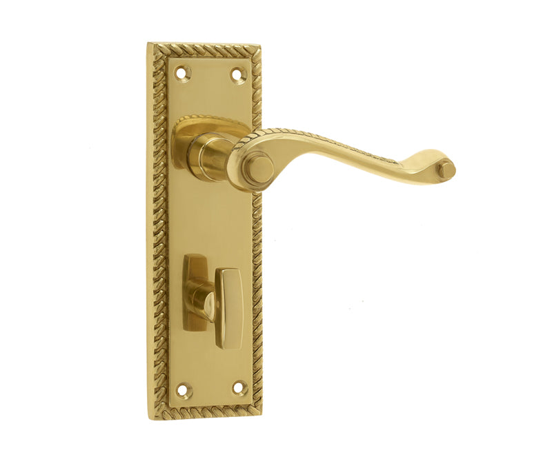 This is an image showing the Frelan - Georgian Suite Door Handle on Bathroom Plate Polished Brass available to order from T.H. Wiggans Ironmongery in Kendal