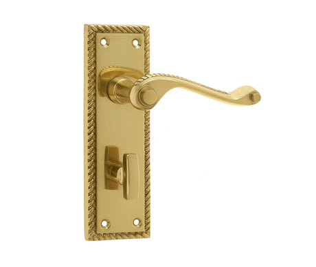 This is an image showing the Frelan - Georgian Suite Door Handle on Bathroom Plate Polished Brass available to order from T.H. Wiggans Ironmongery in Kendal