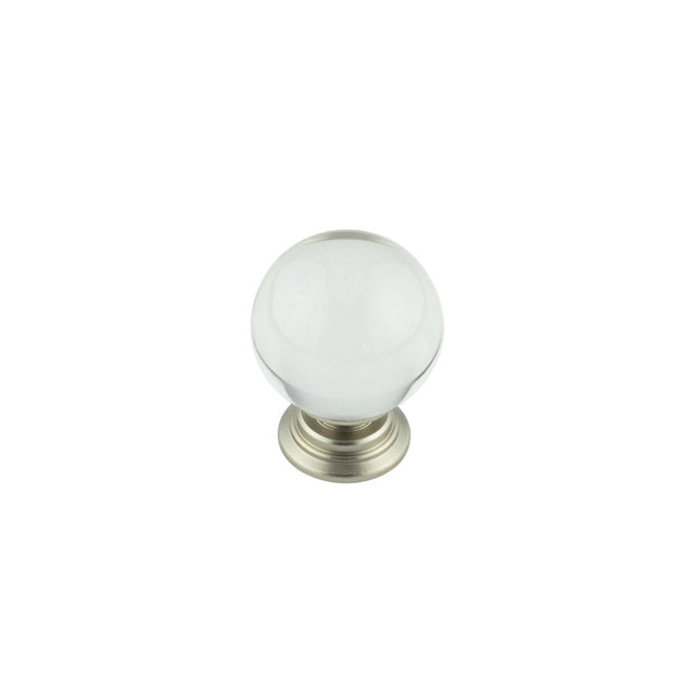 This is an image showing the Frelan - 25mm Satin Nickel Clear Glass Ball Cupboard Knob available to order from T.H. Wiggans Ironmongery in Kendal