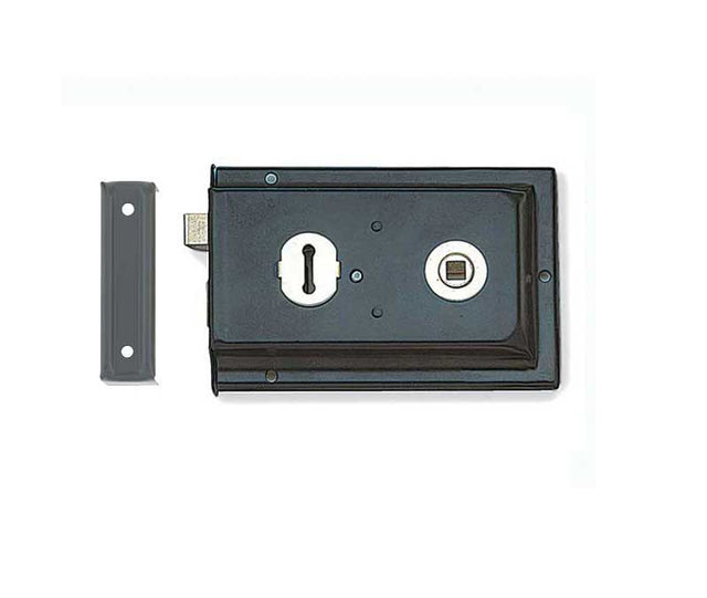 This is an image showing the Frelan - 152.5x102mm Black Rim lock available to order from T.H. Wiggans Ironmongery in Kendal