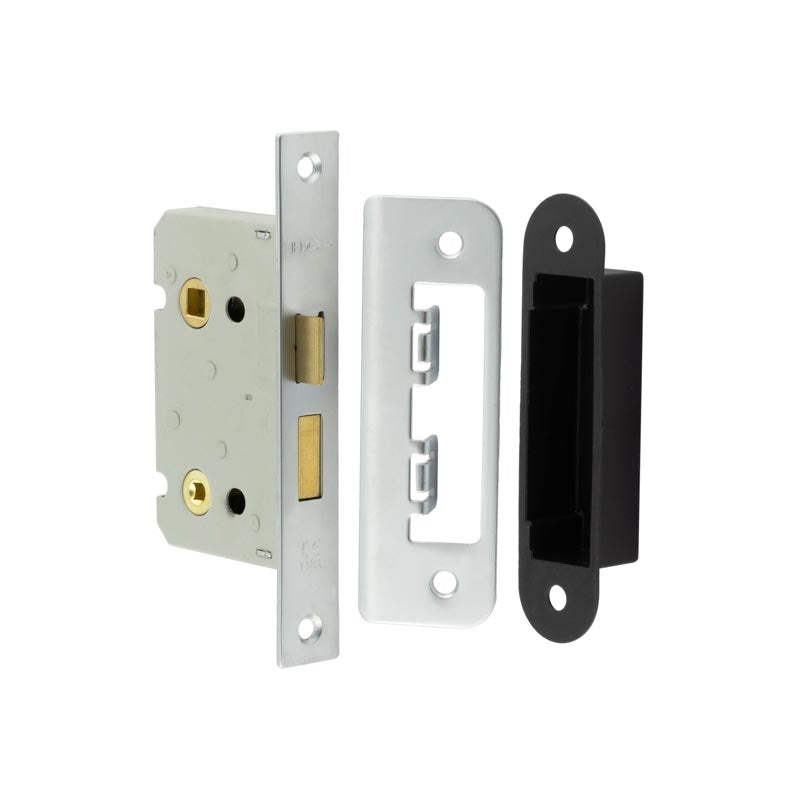 This is an image showing the Frelan - 63mm SN bathroom lock square forend & radiused strike plate available to order from T.H. Wiggans Ironmongery in Kendal