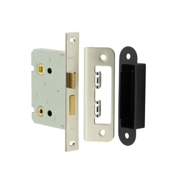 This is an image showing the Frelan - 76mm NP Bathroom lock square forend & radiused strike plate available to order from T.H. Wiggans Ironmongery in Kendal