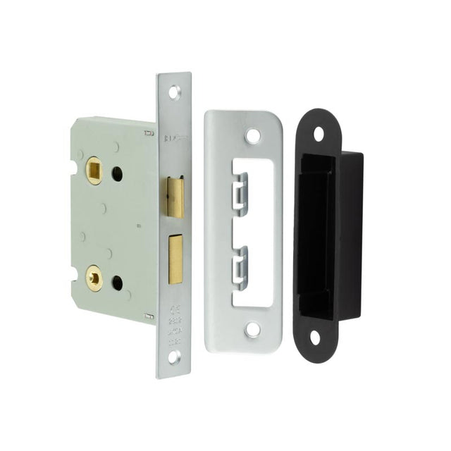 This is an image showing the Frelan - 76mm SN Bathroom lock square forend & radiused strike plate available to order from T.H. Wiggans Ironmongery in Kendal