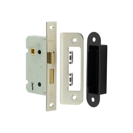 This is an image showing the Frelan - 63mm NP 2/L sashlock square forend & radiused strike plate available to order from T.H. Wiggans Ironmongery in Kendal