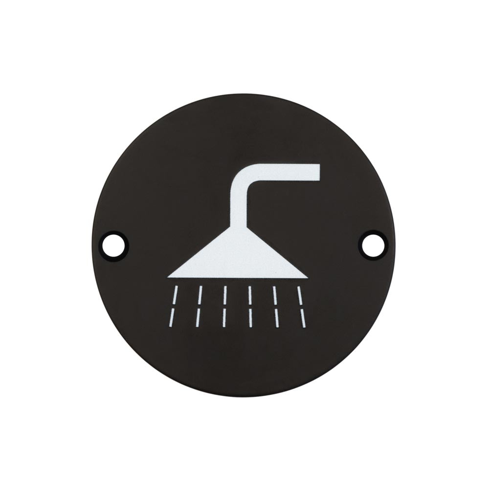 This is an image showing the Frelan - Stainless Steel Shower Symbol 75mm Black available to order from T.H. Wiggans Ironmongery in Kendal