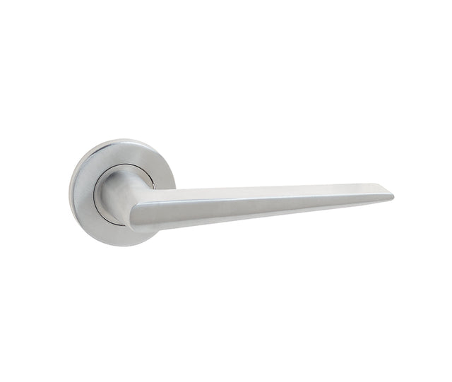 This is an image showing the Frelan - Meteor Lever on Round Rose - Grade 304 Satin Stainless Steel available to order from T.H. Wiggans Ironmongery in Kendal