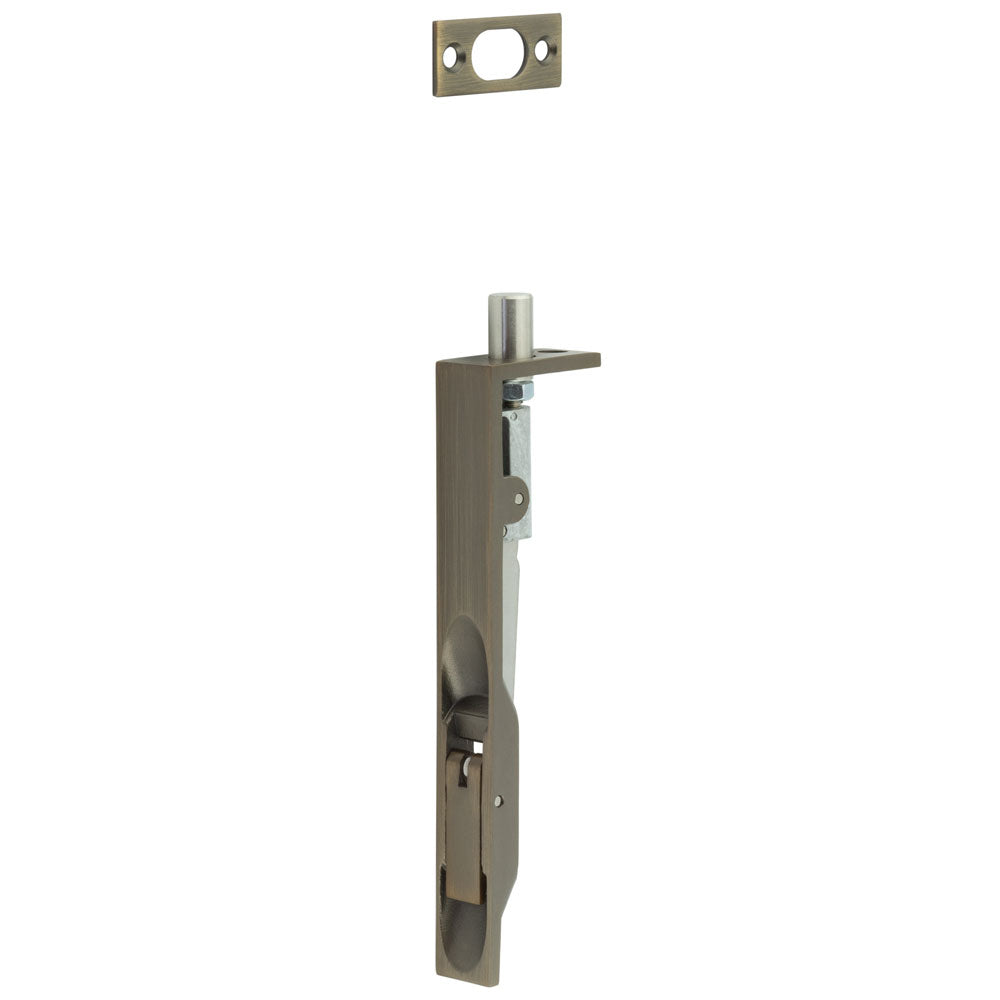 This is an image showing the Frelan - Stainless Steel Flush Bolts JSS50 Antique Brass 150mm x 20mm Square Forend available to order from T.H. Wiggans Ironmongery in Kendal